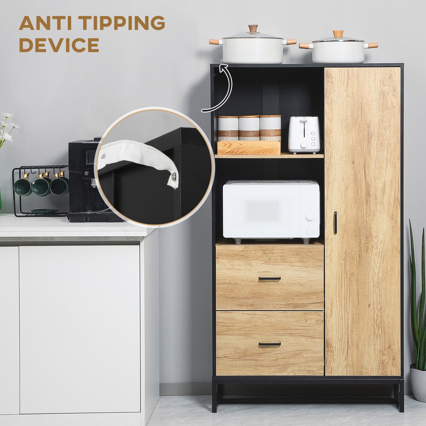 HOMCOM Tall Kitchen Cupboard, Freestanding Kitchen Pantry Cabinet with Adjustable Shelves, Drawers and Soft Close Door, 160cm