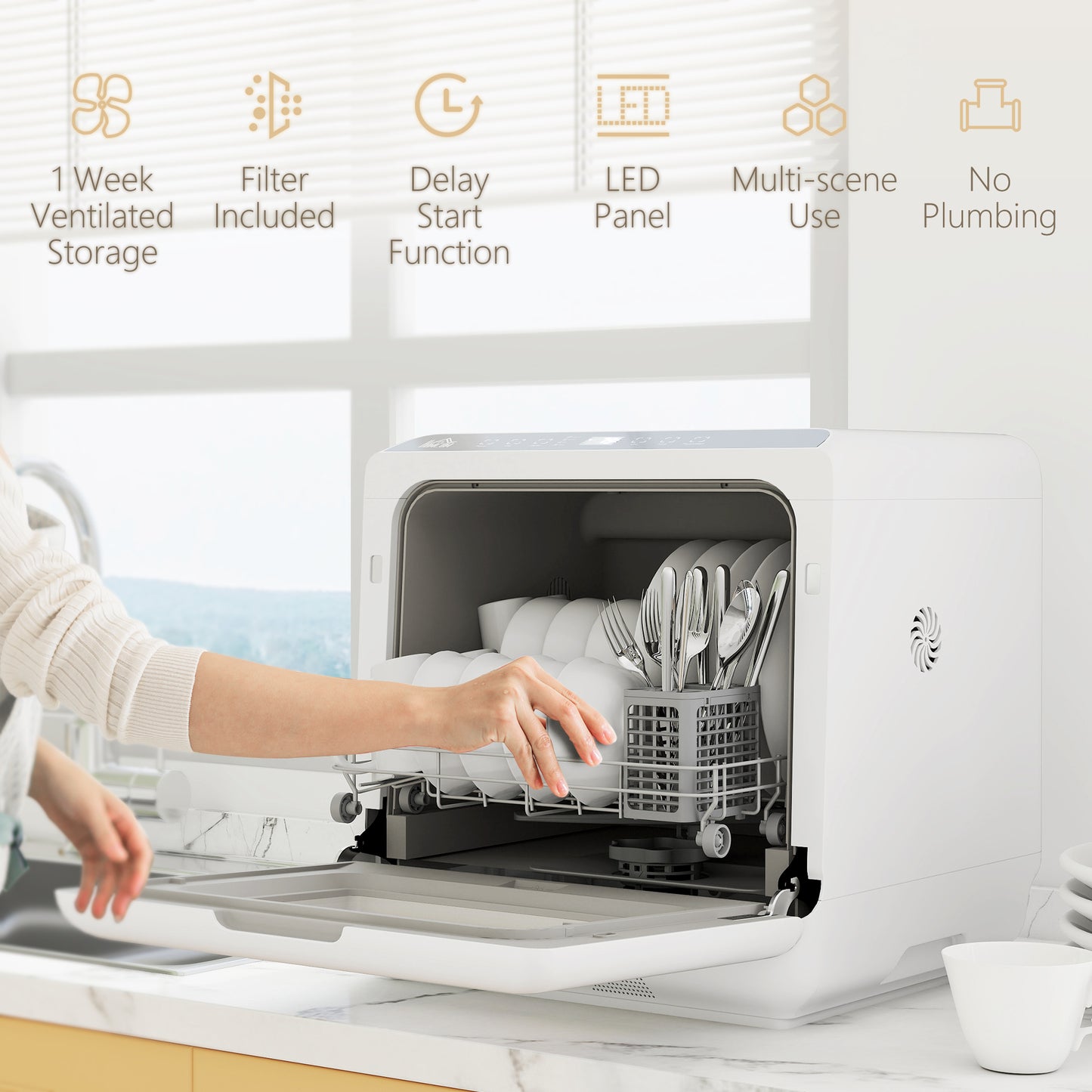 HOMCOM 6L Five-Mode Tabletop Dishwasher - White