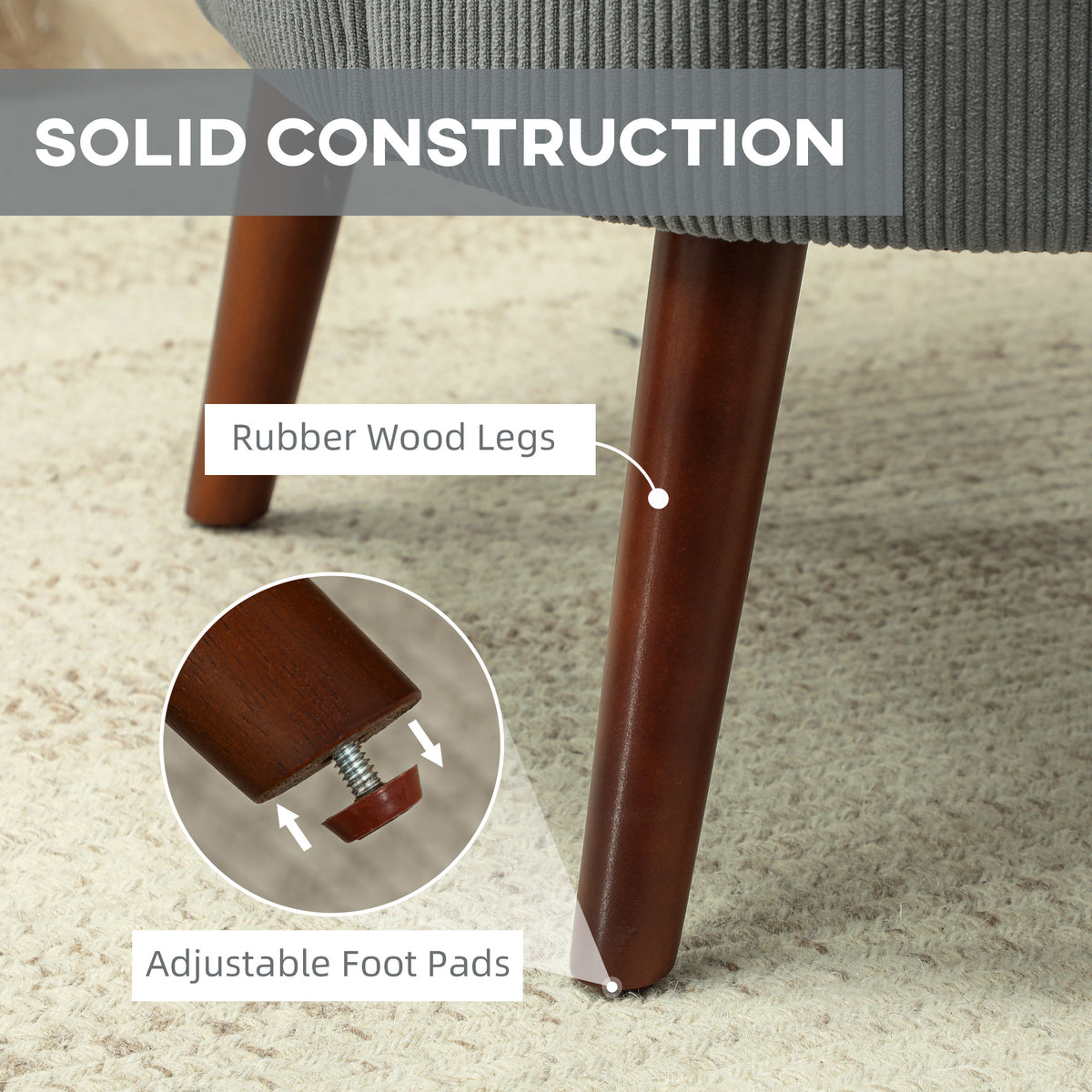 Close-up of the chair's dark wood leg and adjustable foot pad