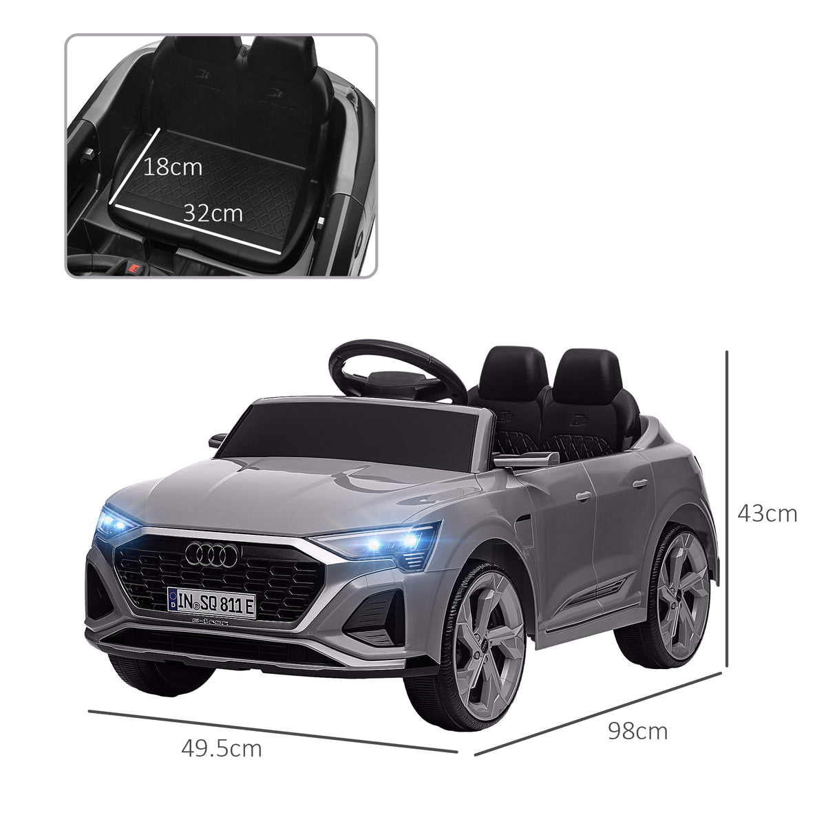 Grey Audi ride-on car with two seats, front and side view, and seat dimensions