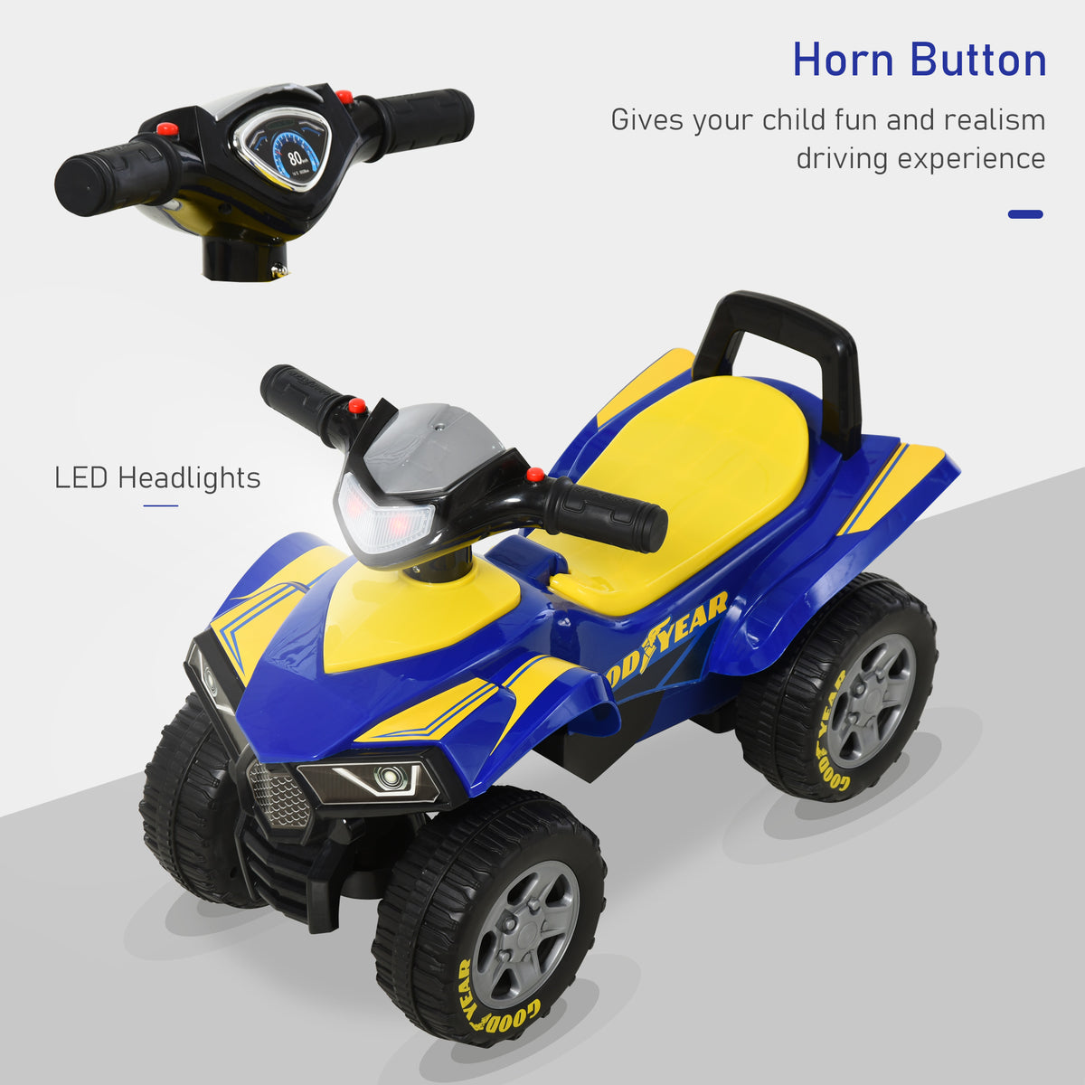 Blue and yellow HOMCOM ride-on quad with LED headlights, horn button, and black handlebar controls