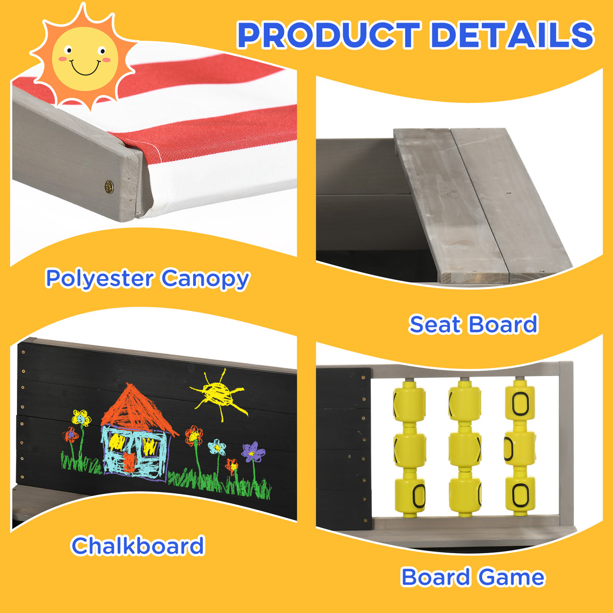 Outsunny sandpit details: striped polyester canopy, wooden seat, chalkboard and game board