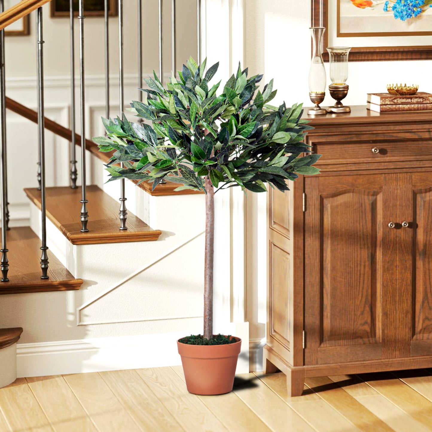 Outsunny Artificial Bay Tree In Pot, 3ft Tall Indoor Outdoor Garden Topiary Ball with Solid Wood Trunk, Realistic Lush Green Leaves for Home Office Garden Porch