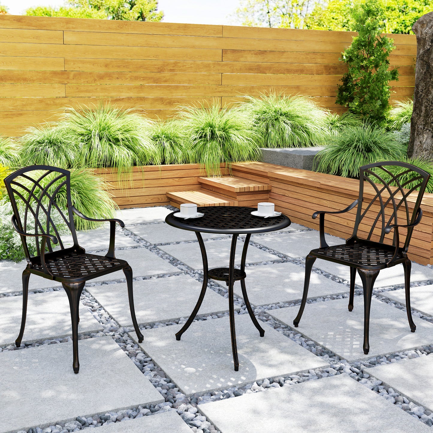Outsunny 3 Pieces Garden Dining Set for 2, Cast Aluminium Outdoor Dining Set with 2 Armchairs and Round Dining Table with Parasol Hole, Garden Furniture Bistro Set, Bronze Tone