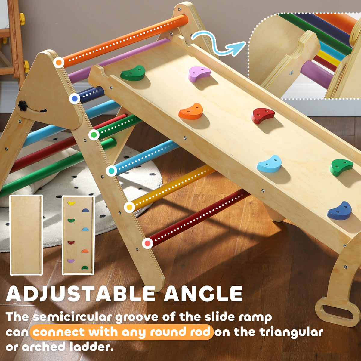 Wooden climbing frame with a ramp fitted with colorful handholds and adjustable ladder bars