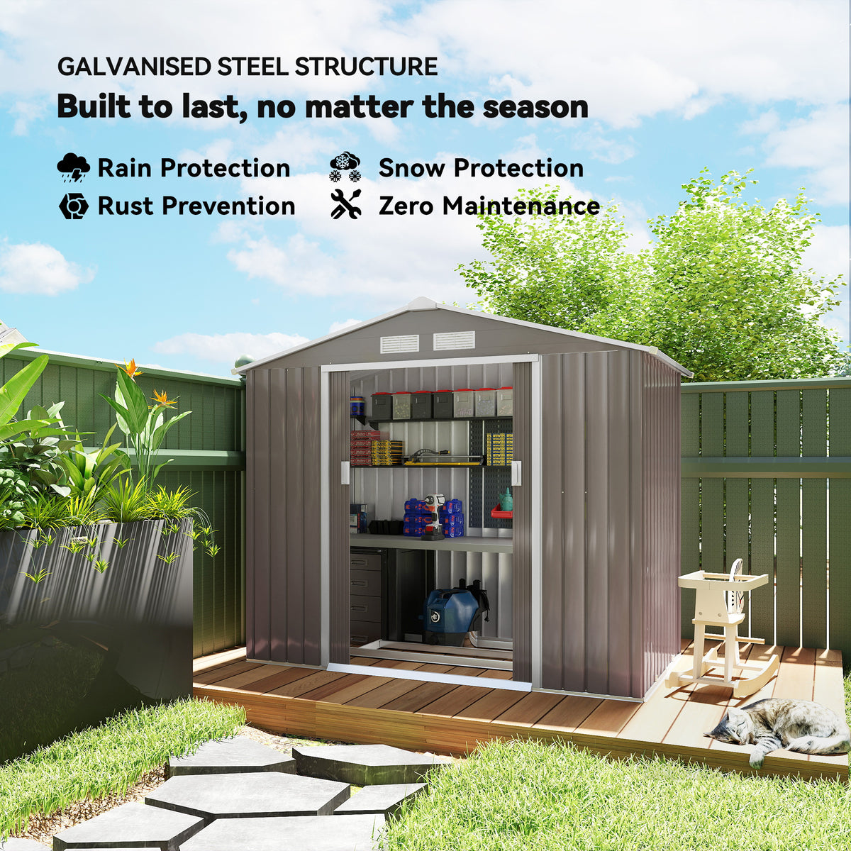 Outsunny grey steel garden shed with open sliding doors and visible interior shelves