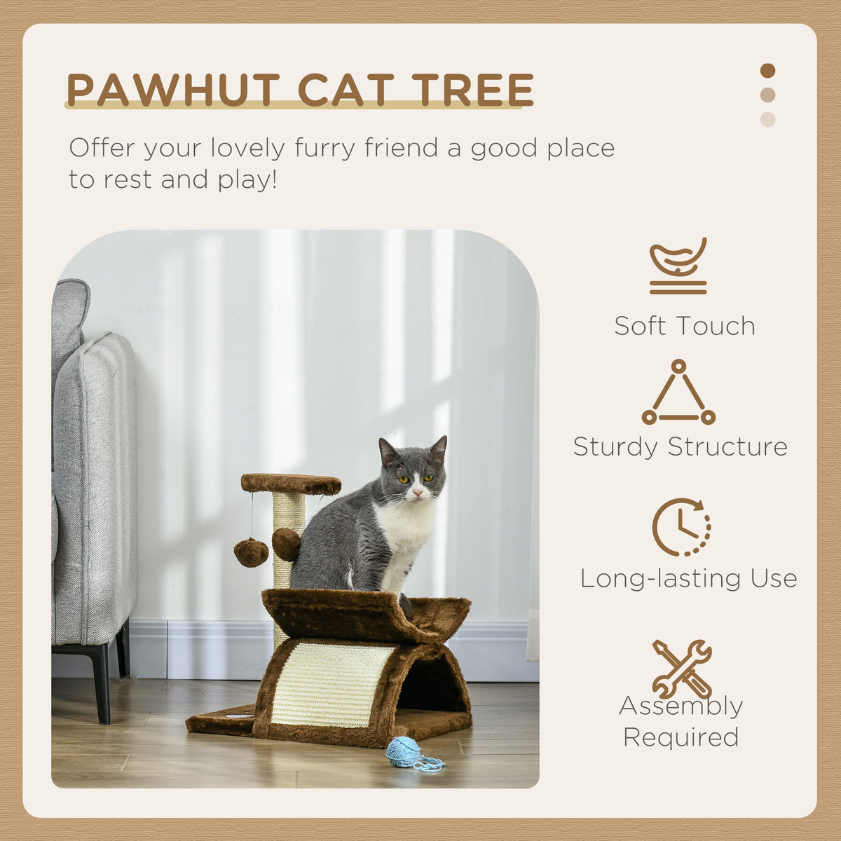 Brown cat tree with sisal post, tunnel, raised perch, dangling balls, and a cat sitting on top