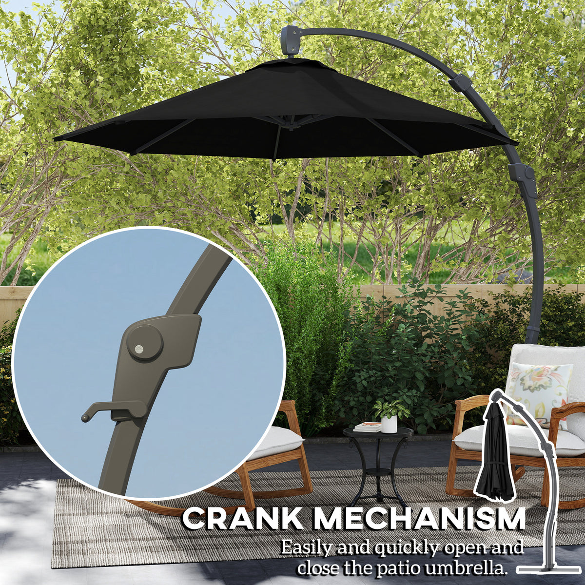 Outsunny black cantilever umbrella with close-up of the crank mechanism