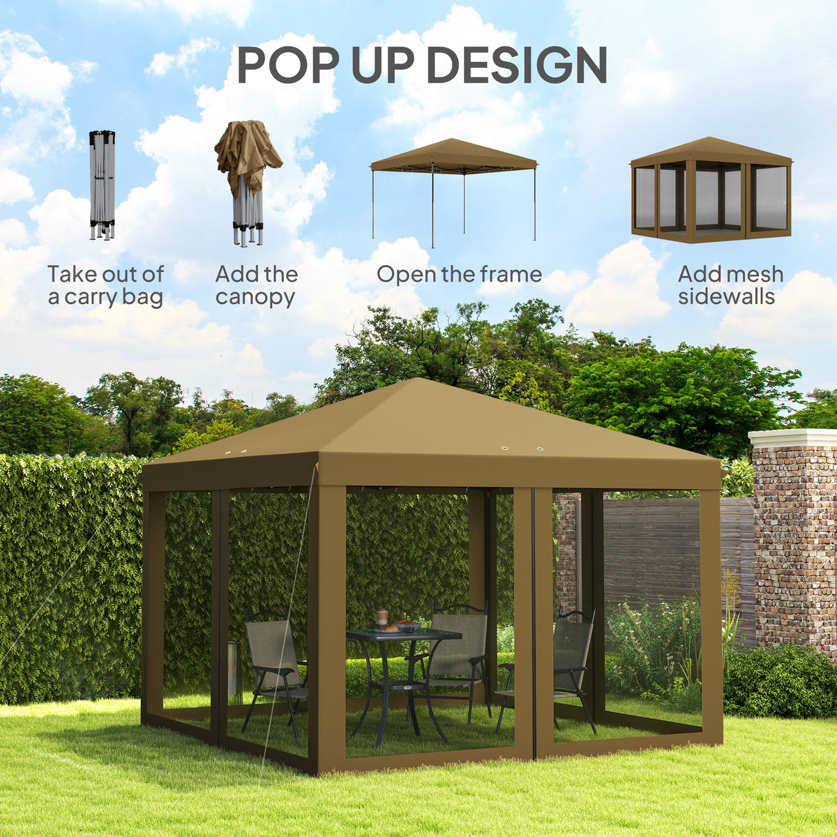Outsunny pop-up gazebo shown with canopy and mesh sidewall setup steps