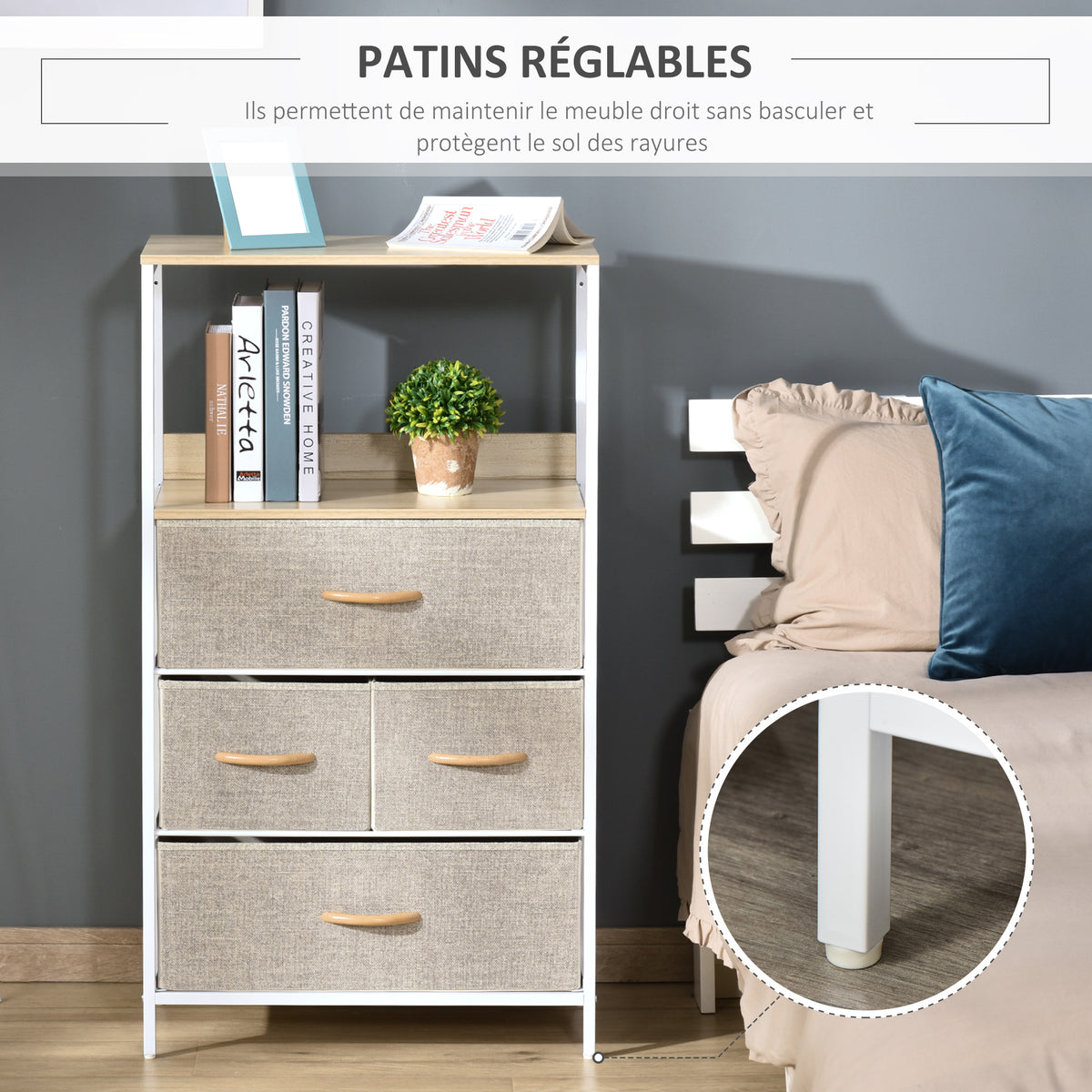 Storage cabinet with open shelf, four fabric drawers, and adjustable feet