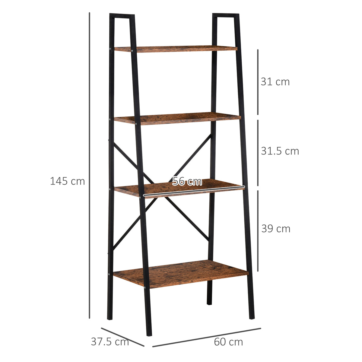 HOMCOM ladder shelf with four tiers and dimensions labeled