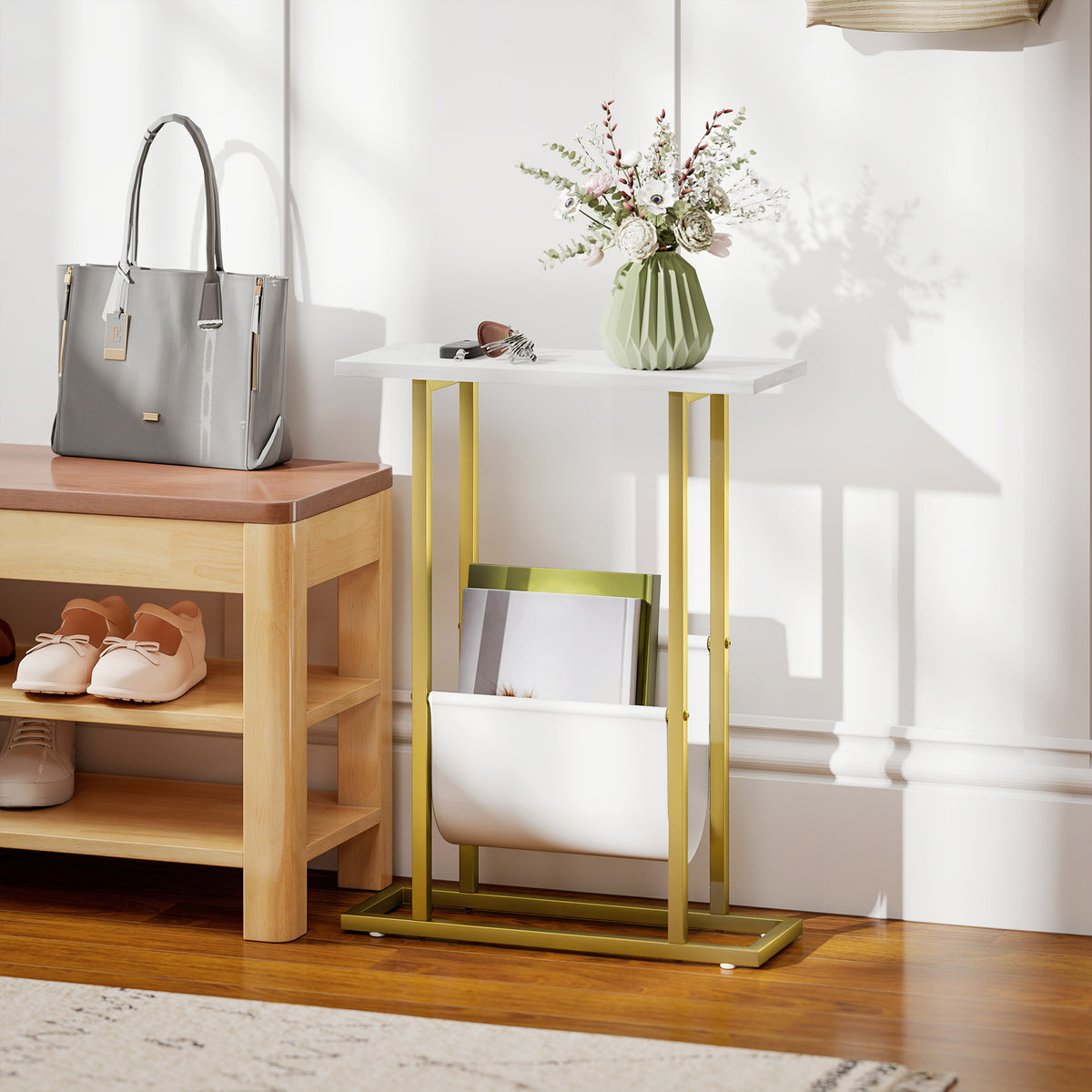 HOMCOM Narrow Side Table, End Table with Magazine Holder, Nightstand for Small Spaces, Living Room, Bedroom, White Marble Grain