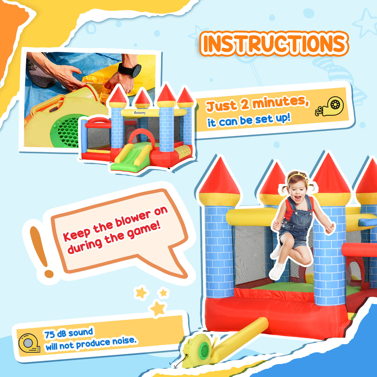 Inflatable bounce castle with slide and blower shown in setup instructions