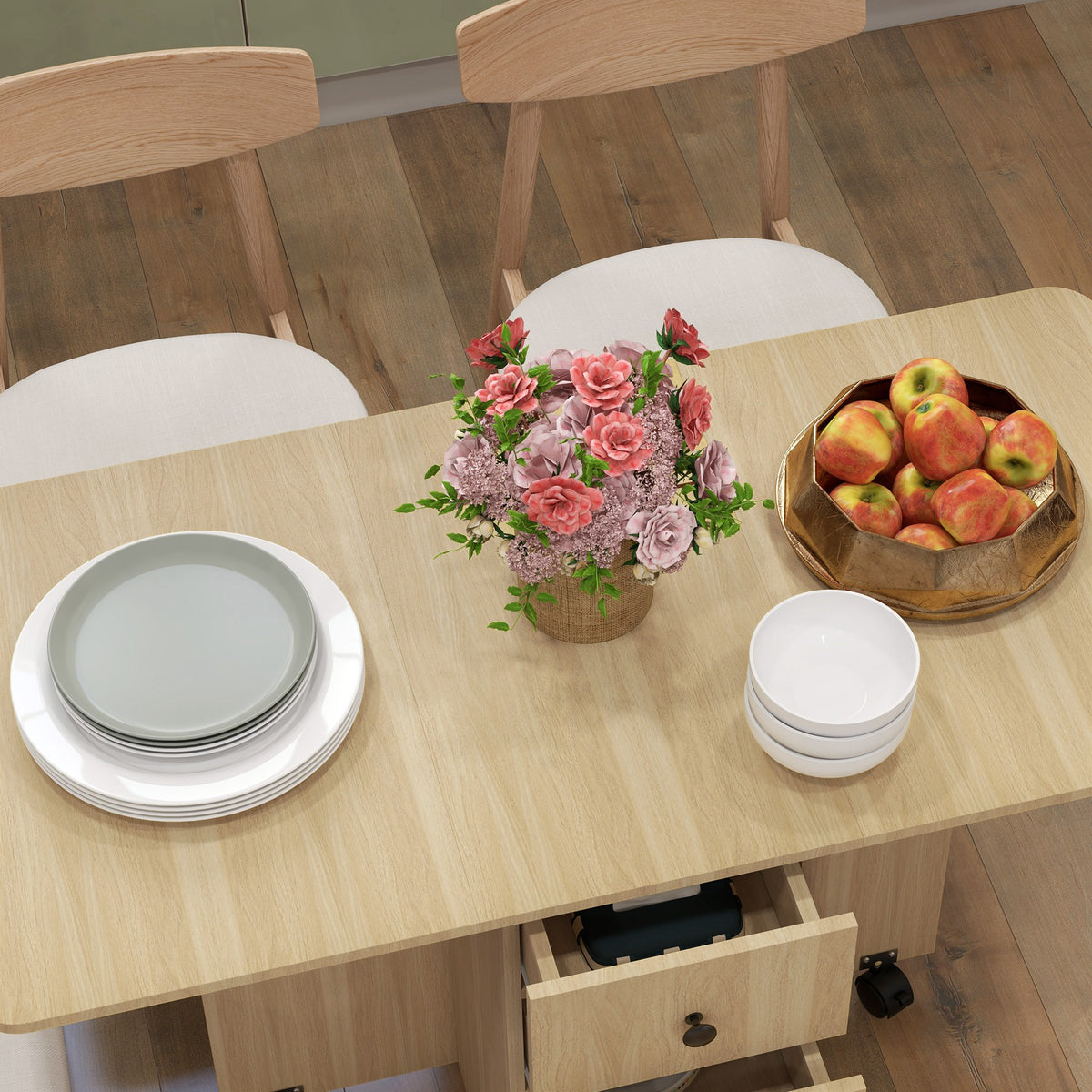 HOMCOM Six-Person Drop Leaf Dining Table, with Storage - Wood-Effect