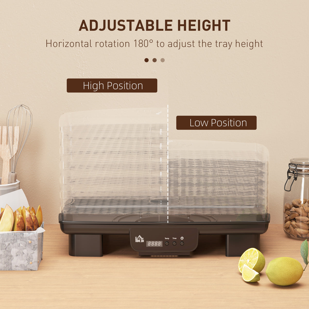 HOMCOM dehydrator showing trays arranged at high and low heights