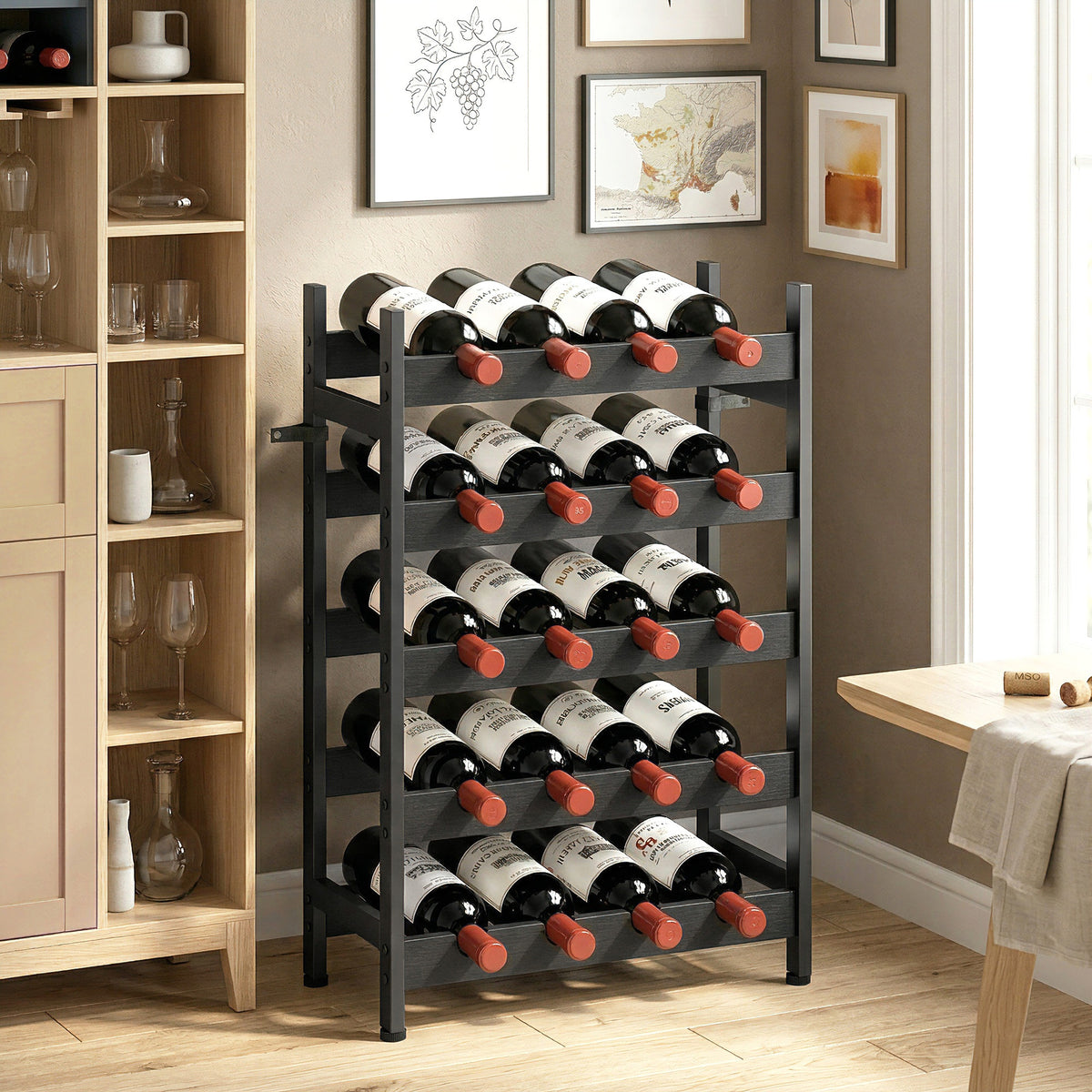 HOMCOM Wine Rack Freestanding Industrial Liquor Cabinet 5-Tier 20 Bottles Bar Stand with Adjustable Feet, Black