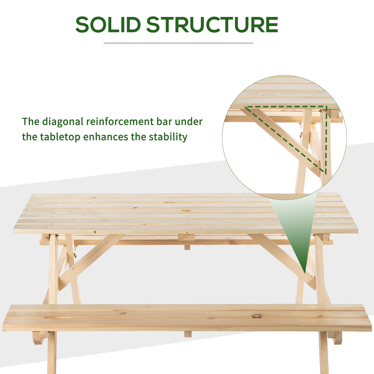 Natural wood picnic table and benches with diagonal support braces