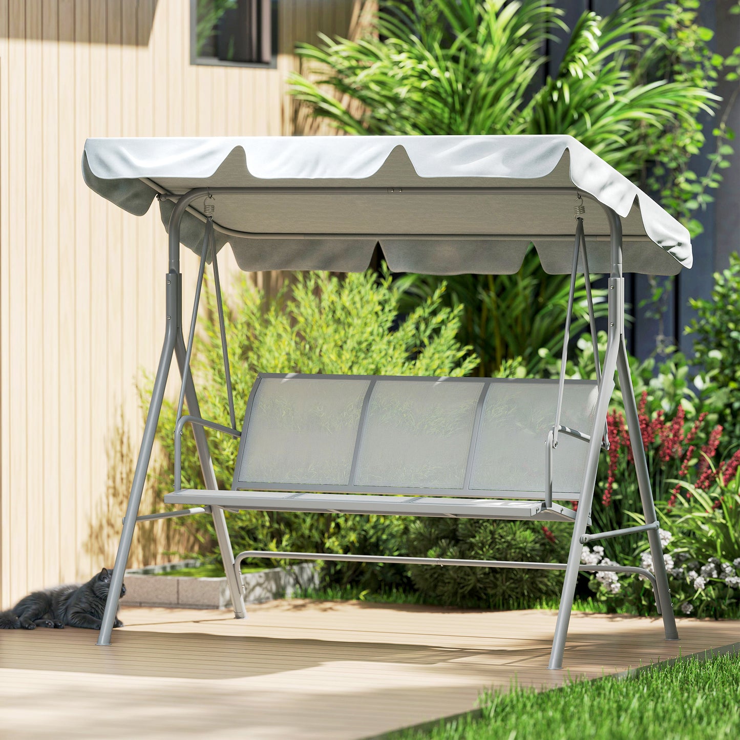 Outsunny Metal Garden Swing Chair, 3-Seater Swing Seat, Patio Hammock Bench Canopy Lounger, Light Grey