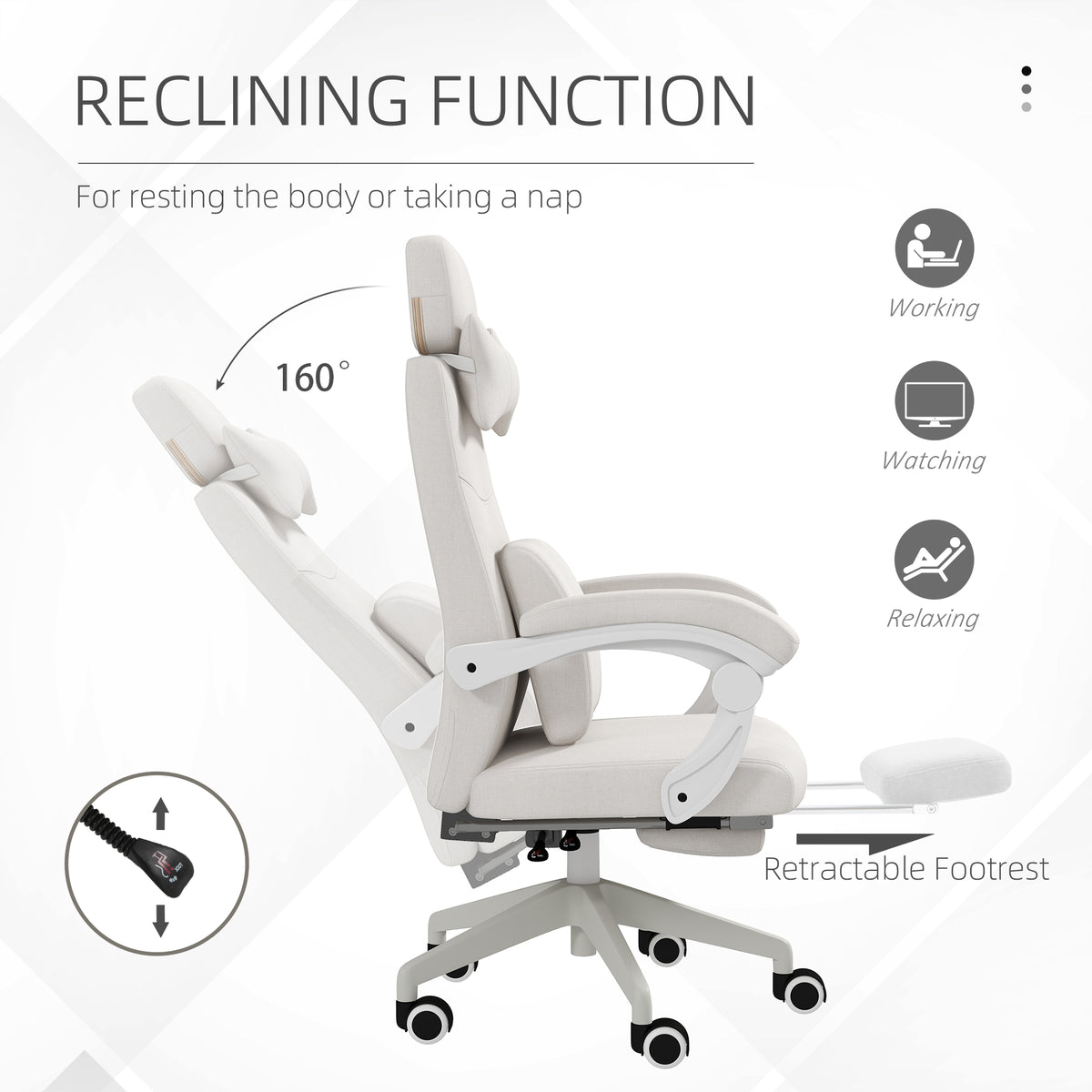 White reclining office chair tilted back with its retractable footrest extended