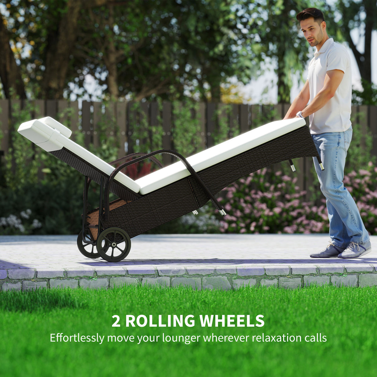 Brown rattan sun lounger with white cushion and two wheels for moving