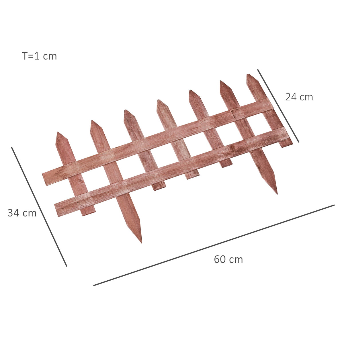 Wooden garden fence section with pointed stakes; dimensions shown as 60 cm long and 34 cm high.