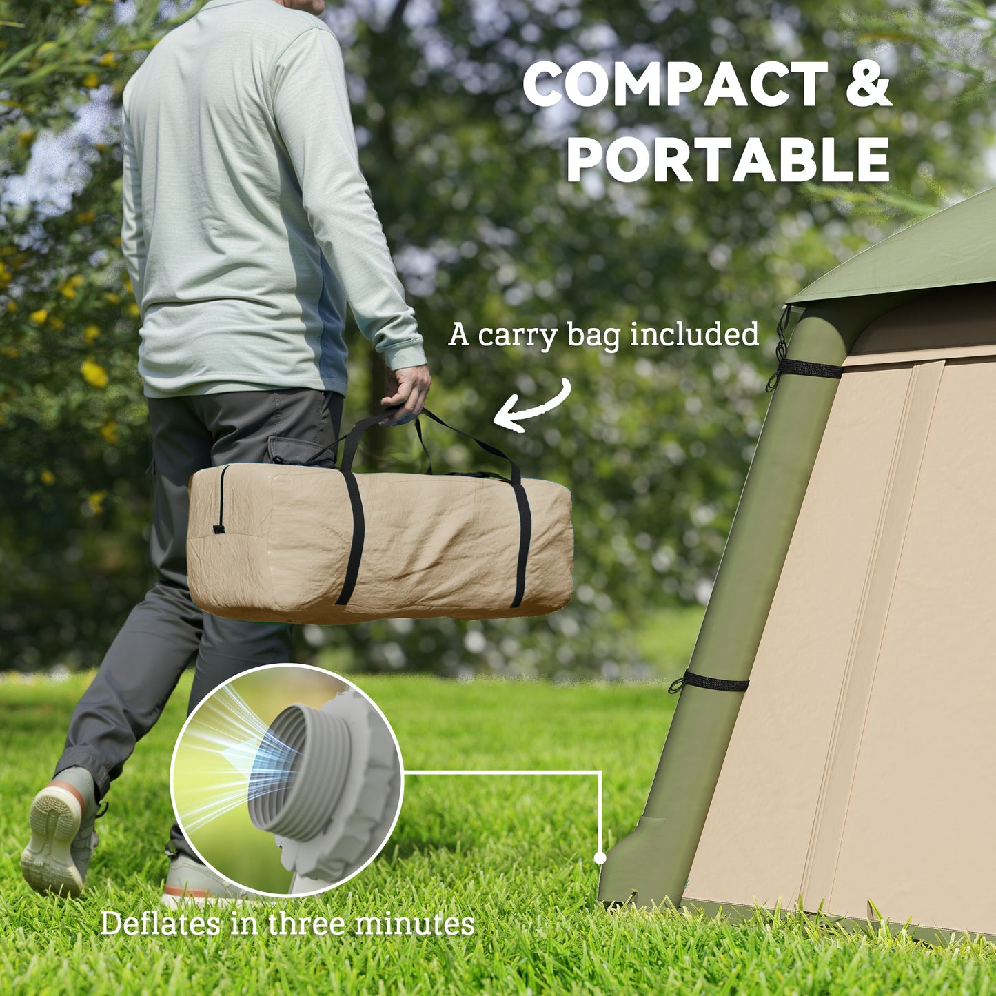 Outsunny Inflatable Camping Tent with Hand Pump, Easy Setup 1/2 Person Blackout Blow Up Tent, Brown