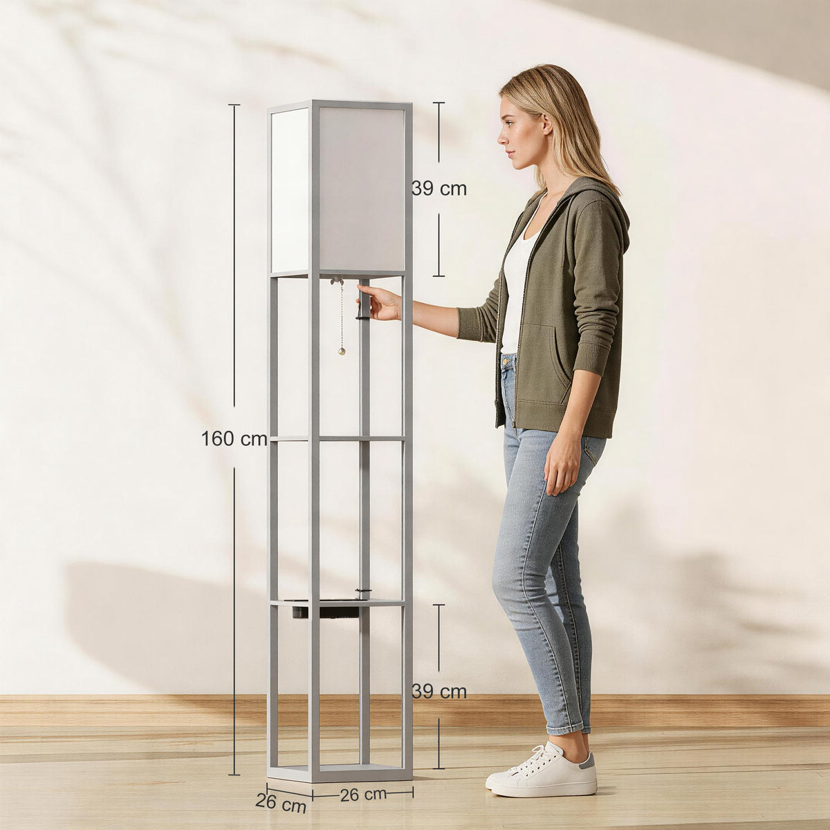 HOMCOM Floor Lamp with Shelves, 3 Layer Column Modern Standing Lamp for Living Room, Bedroom, Office, Grey