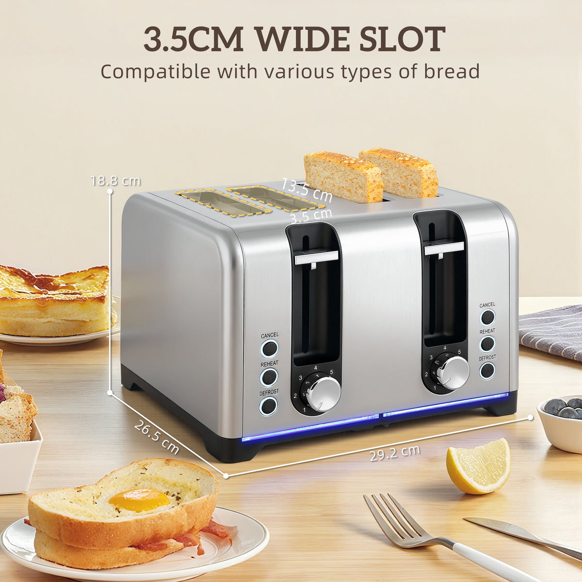 HOMCOM Kettle and Toaster Set, 1.7L 3000W Rapid Boil Jug Kettle with Otter Thermostat, Limescale Filter, 4 Slice Toaster with 7 Browning Controls, Crumb Tray, LED Strip, Silver Tone