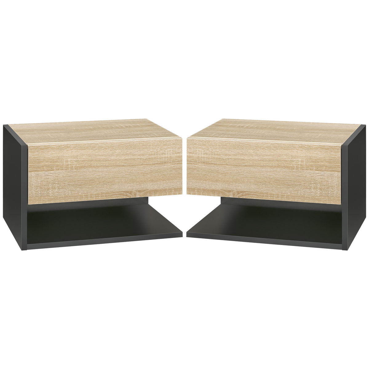 Photo of HOMCOM Floating Bedside Table Set of 2, Wall Mounted Bedside Cabinet with Drawer and Open Shelf, Modern Nightstand for Bedroom, 46 x 30 x 30 cm, Oak Tone in Tone colour on a white background