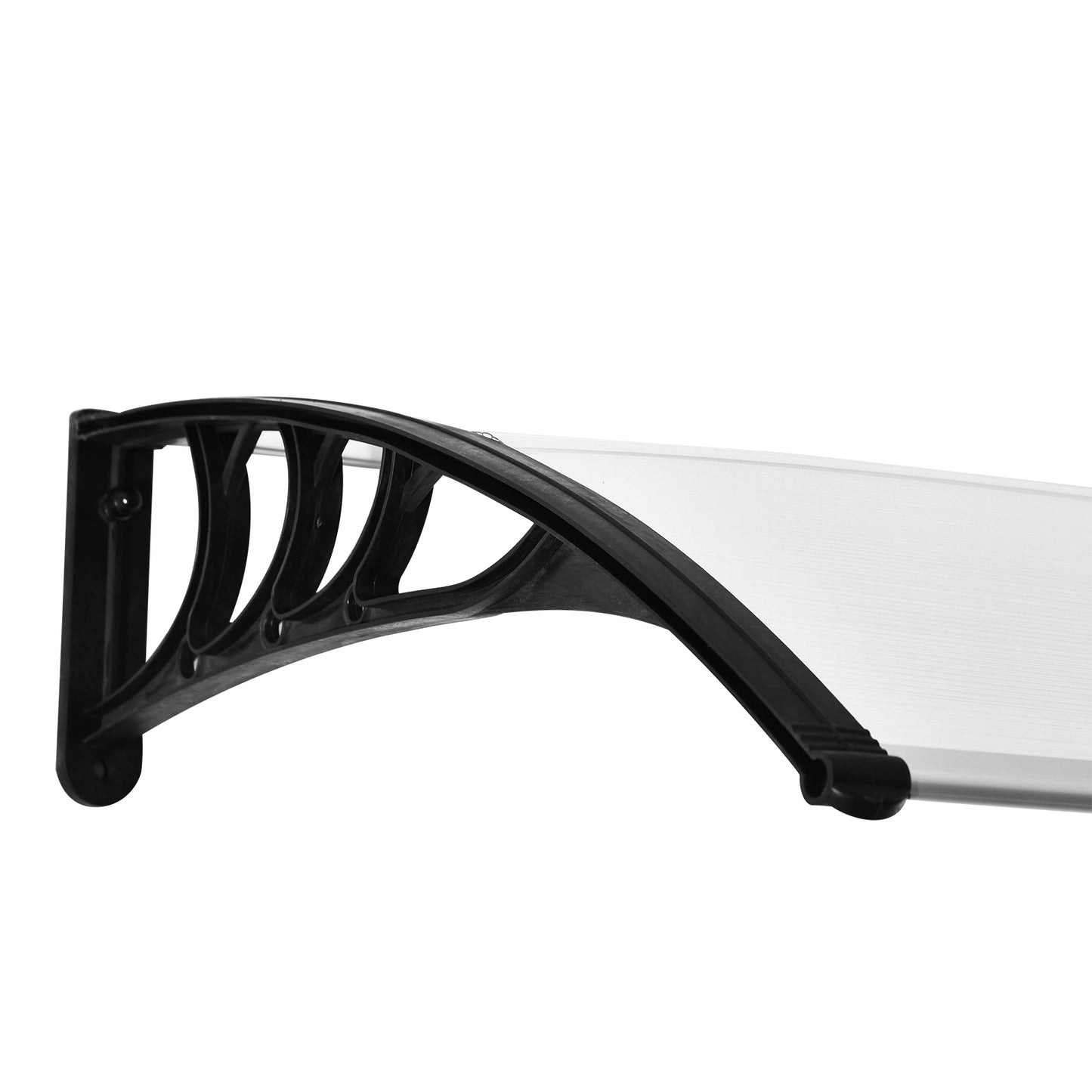 Close-up of the black curved wall bracket supporting the clear canopy