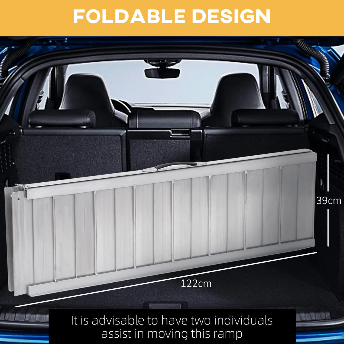 Folded aluminum wheelchair ramp stored in a car trunk