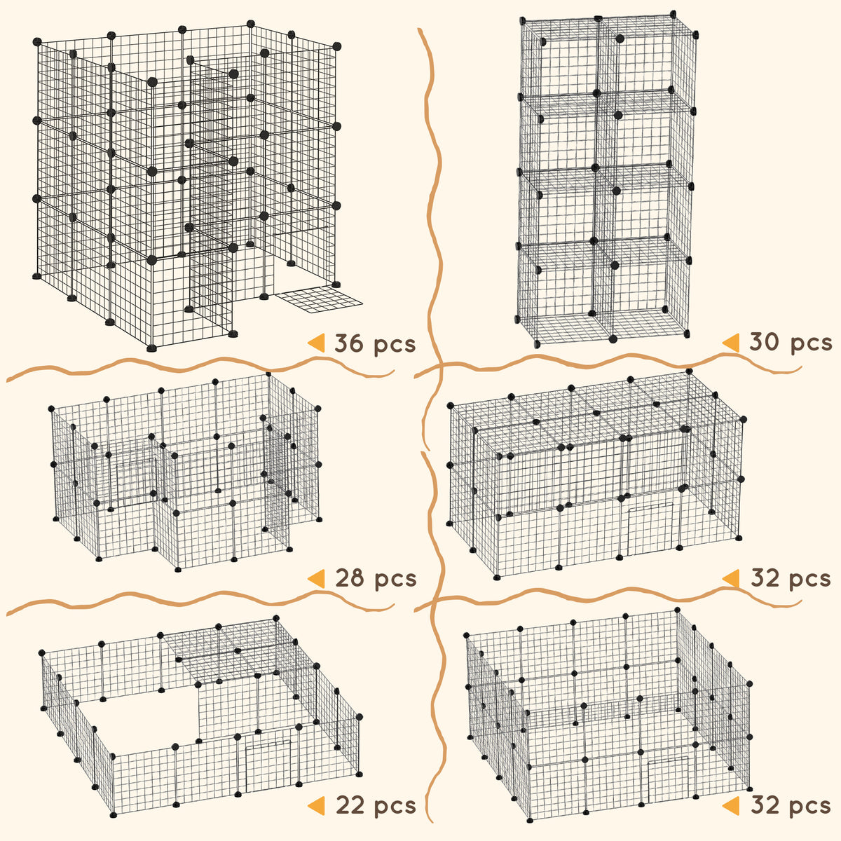 Six black wire playpen layouts shown with different panel counts