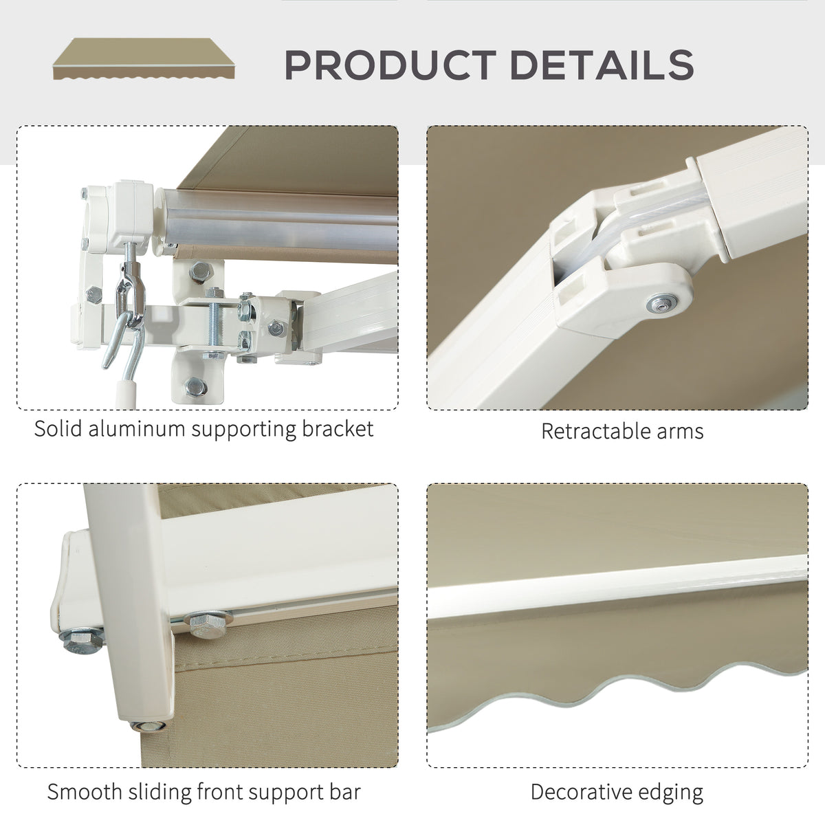 White awning frame details, including support bracket, retractable arms and front bar