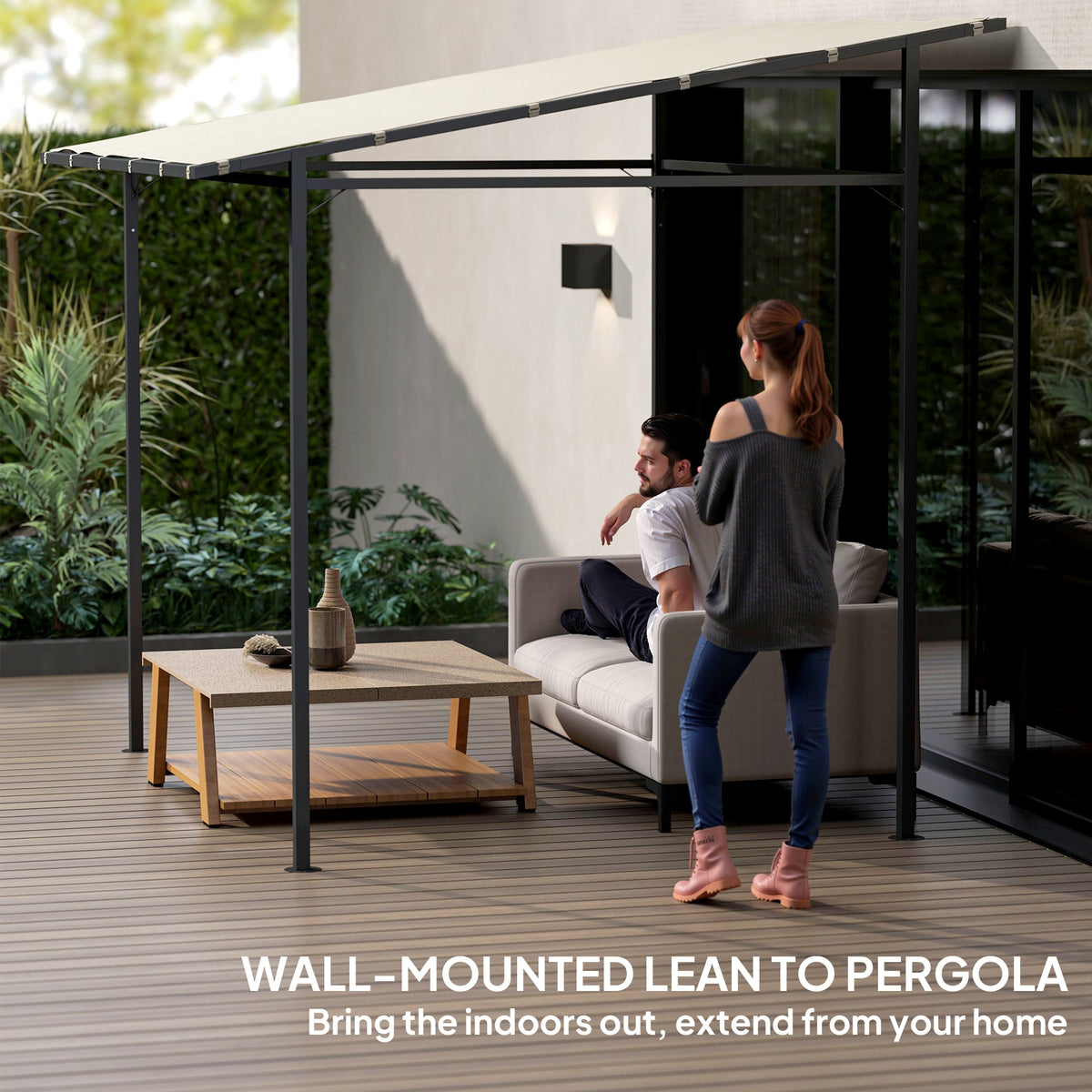 Wall-mounted lean-to pergola with cream canopy over a patio seating area