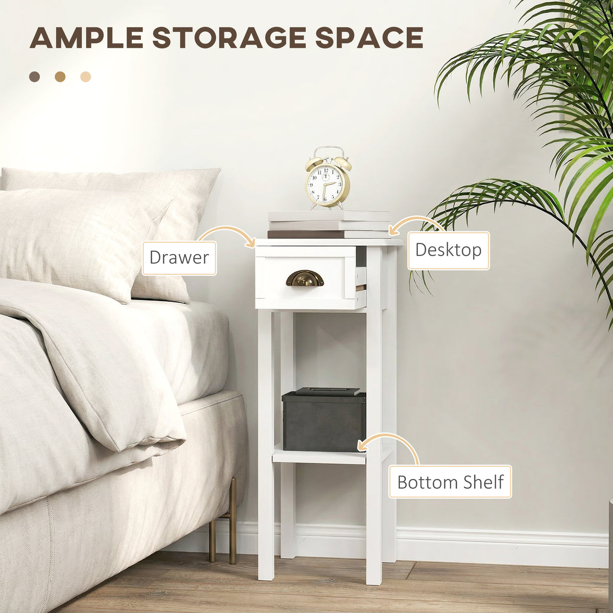 White bedside table with a drawer, top surface, and open lower shelf