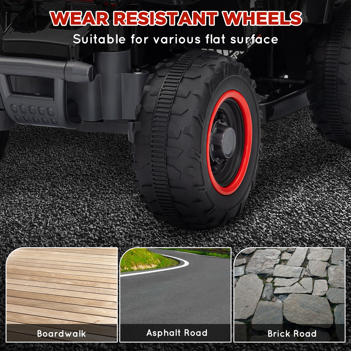 AIYAPLAY quad bike close-up showing a treaded tire with red rim trim