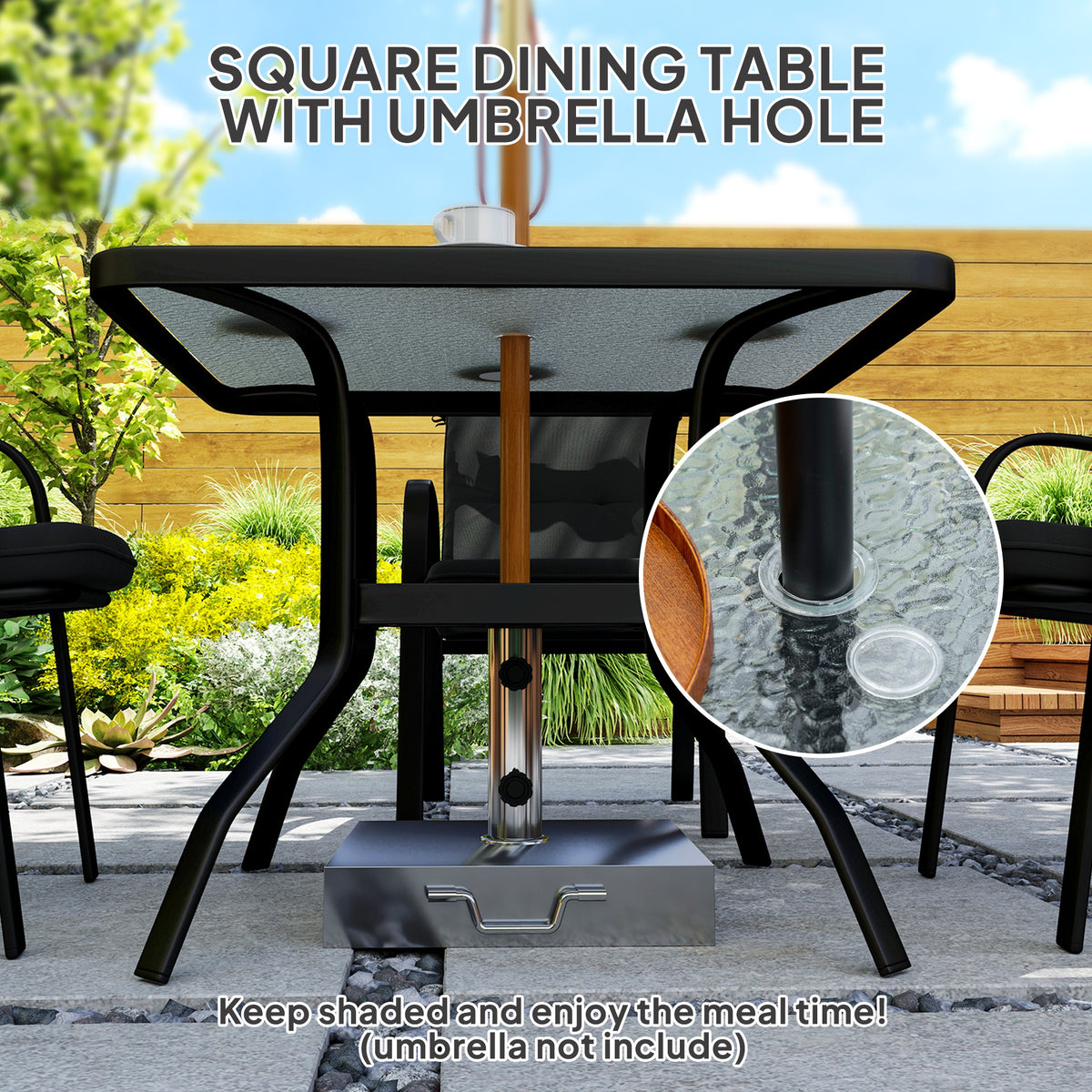 Outsunny 5 Pieces Outdoor Square Garden Dining Set w/ Tempered Glass Dining Table 4 Cushioned Armchairs, Umbrella Hole, Black