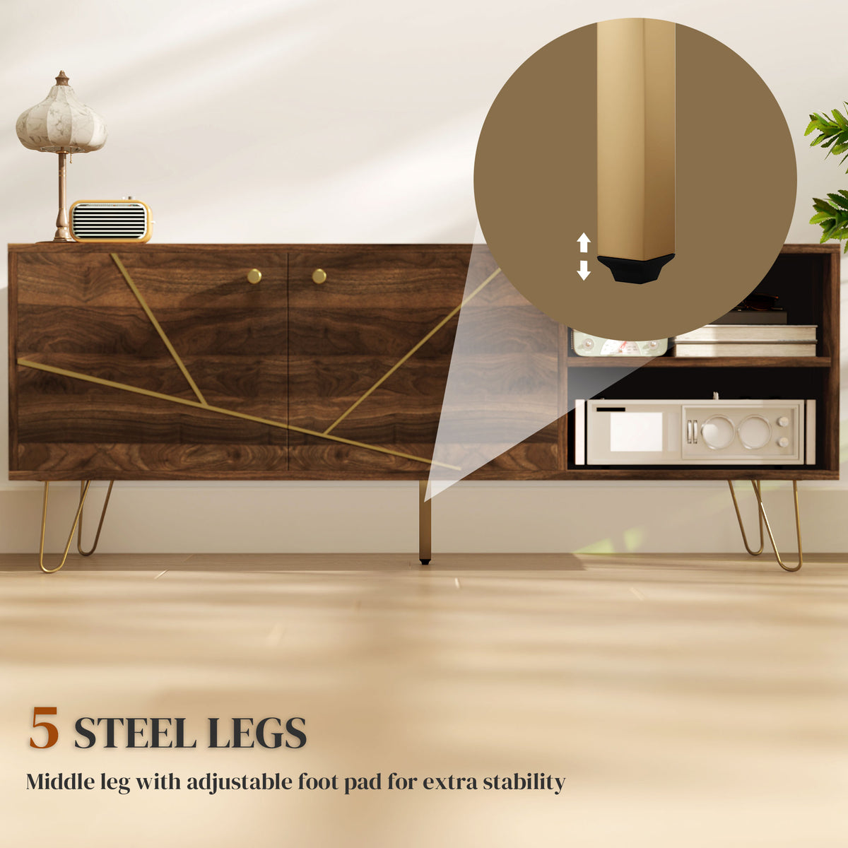 Brown TV cabinet with five slim steel legs and an adjustable center foot