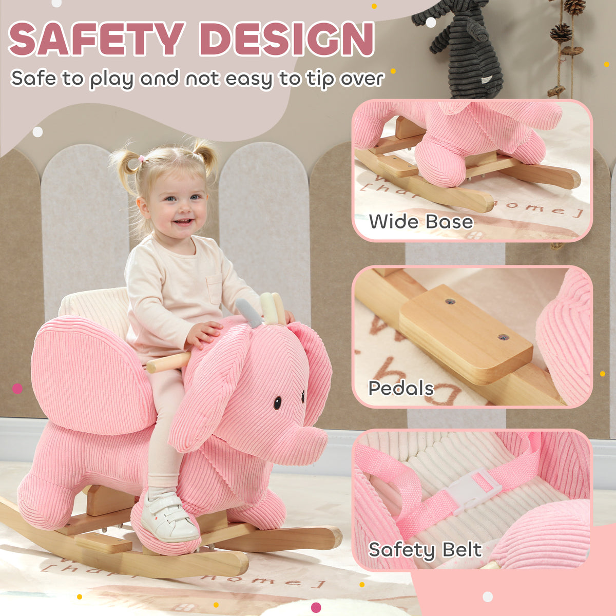 AIYAPLAY Kids Rocking Horse, Baby Ride on Elephant Rocker with Safety Belt and Sound for Toddlers 18 to 36 Months, Pink