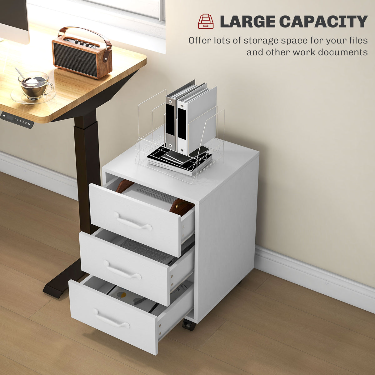 HOMCOM white filing cabinet with open drawers for document storage