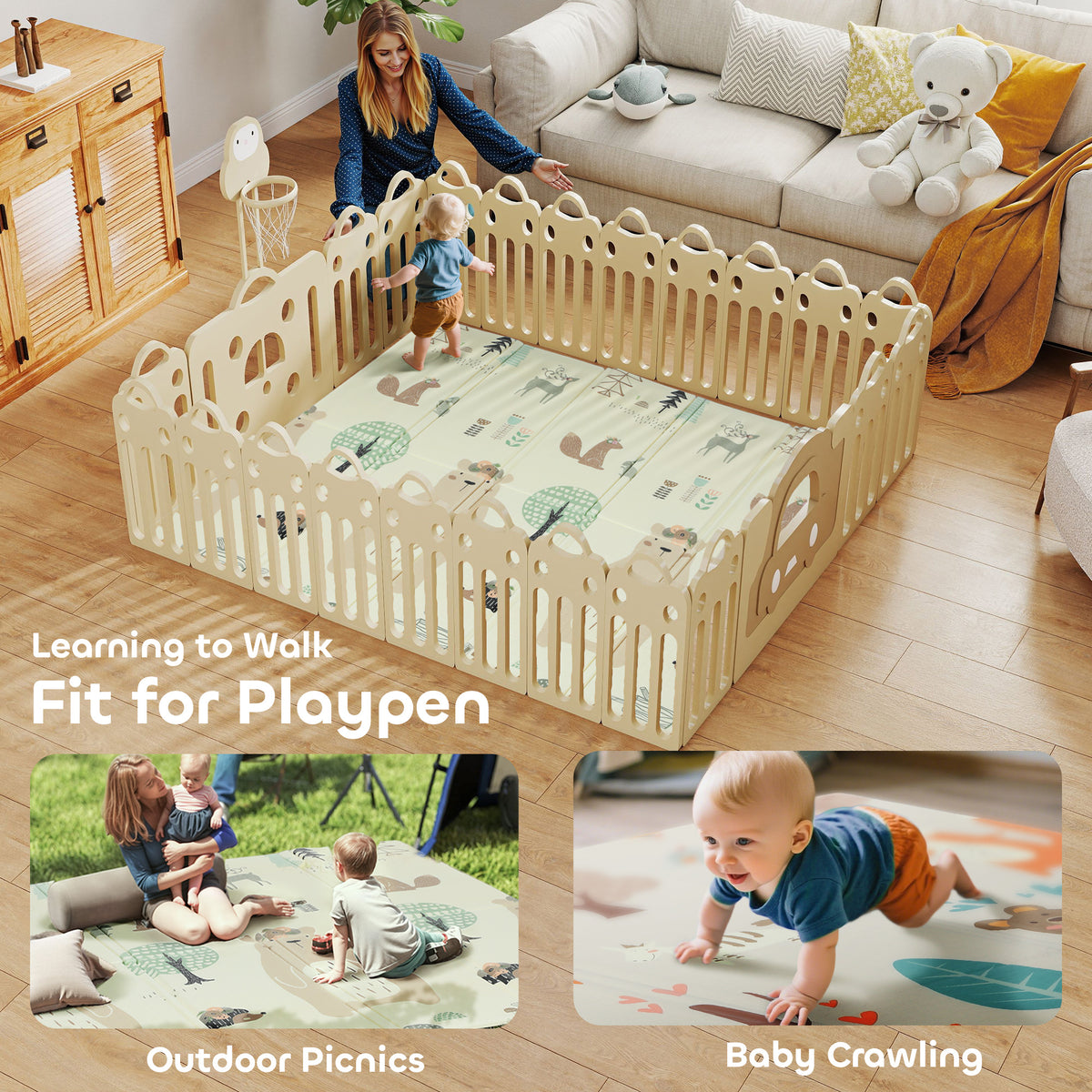 AIYAPLAY Baby Play Mat, Double Sideded Foldable Kids Crawling Mat, Reversible & Waterproof, Animal