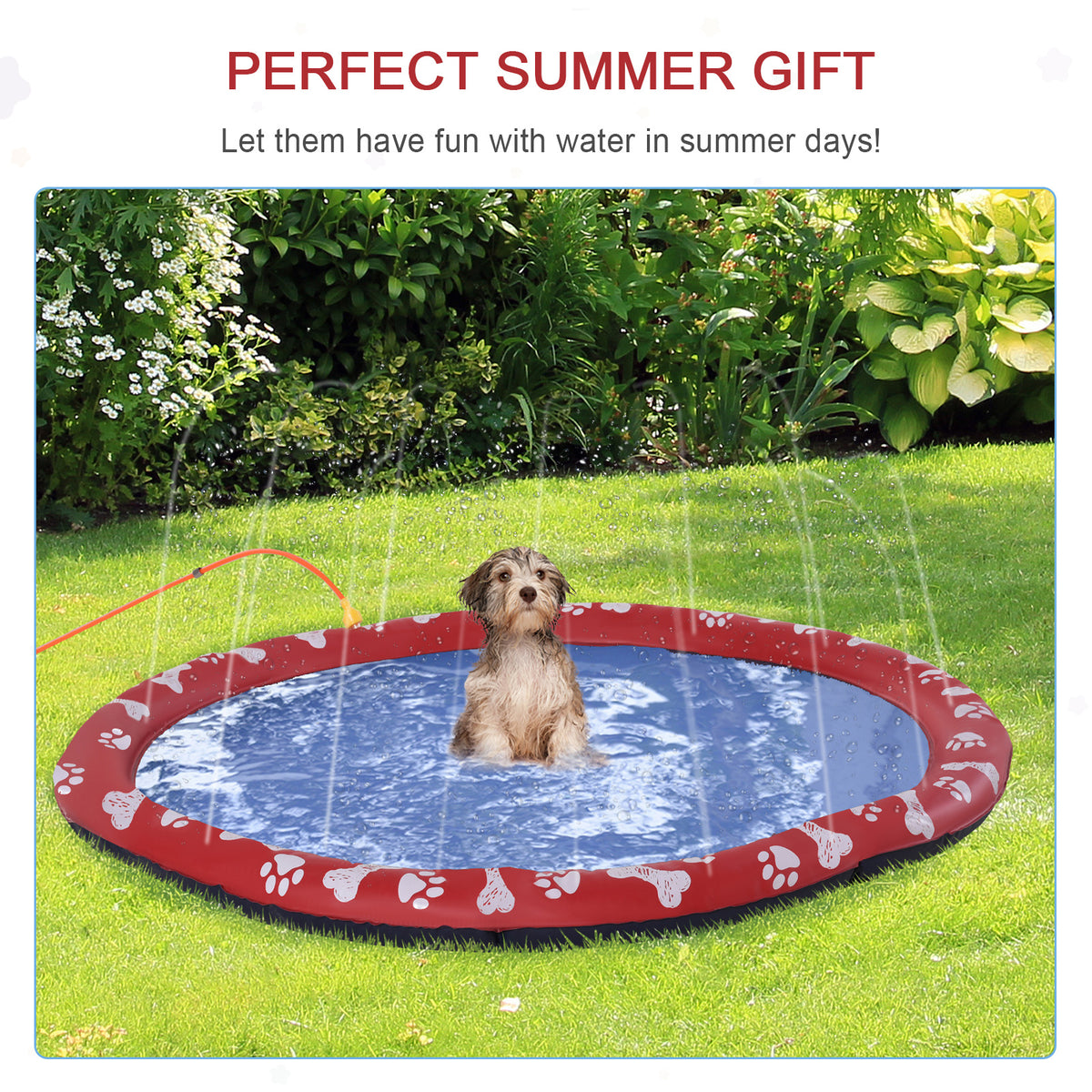 PawHut dog splash pad spraying water as a dog sits in the shallow pool