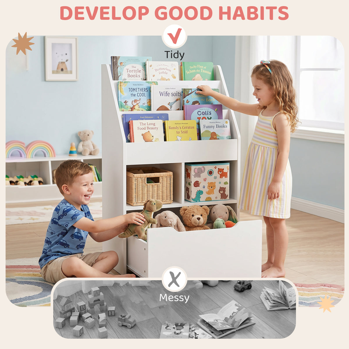 White kids' bookshelf with front-facing book tiers, woven storage baskets, and a pull-out toy drawer.