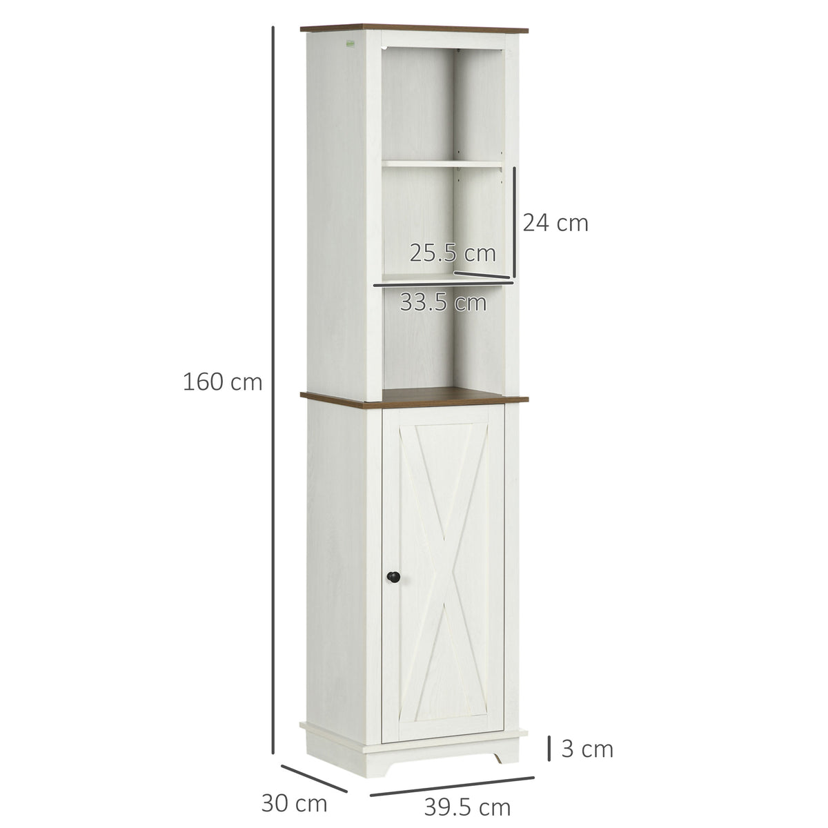 White bathroom storage cabinet with measurements of 160 cm high, 39.5 cm wide, and 30 cm deep