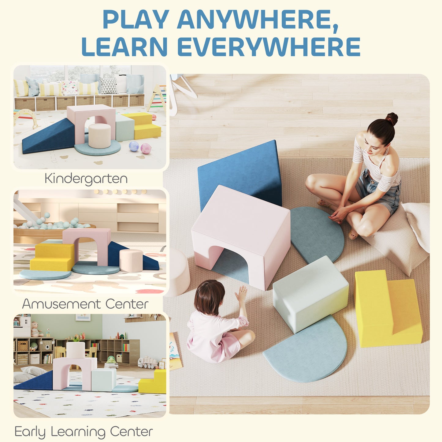AIYAPLAY 8-Piece Foam Play Blocks for Kids, Soft Motor Skill Blocks with Washable Velvet Covers, Indoor Climbing Set, Multicolor