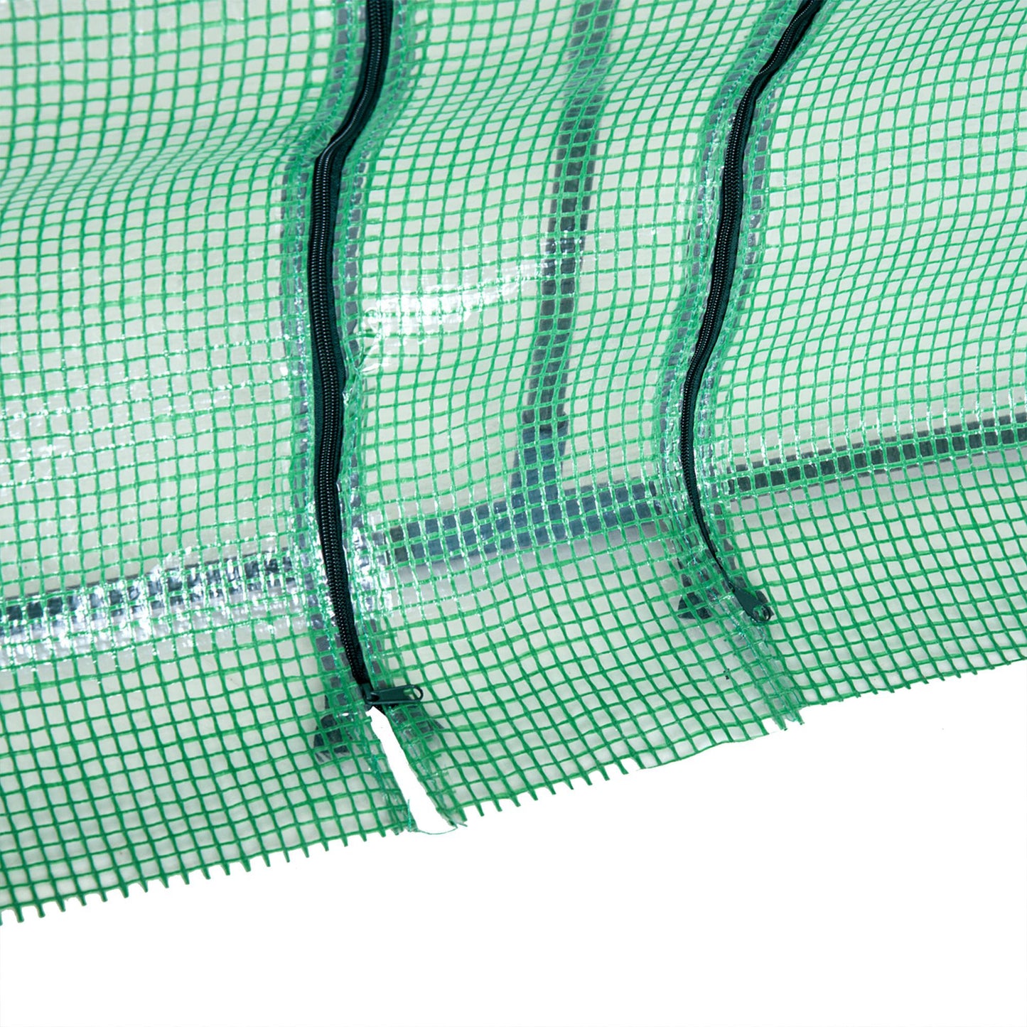 Close-up of green mesh greenhouse cover with black zipper closures