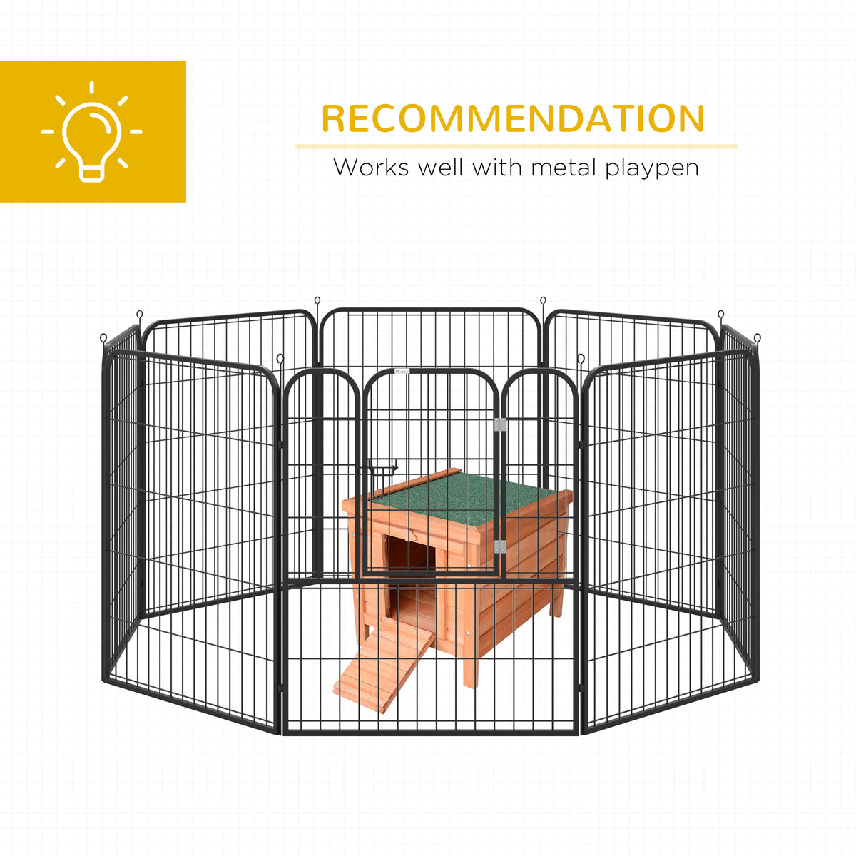 Natural wood rabbit hutch shown inside a black metal playpen