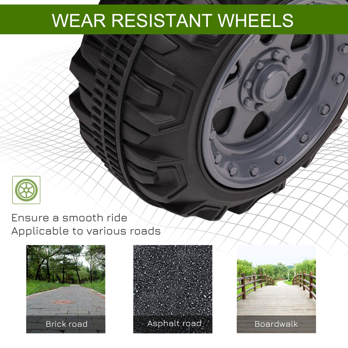 Close-up of a ride-on quad bike's thick treaded black wheel and gray hub.