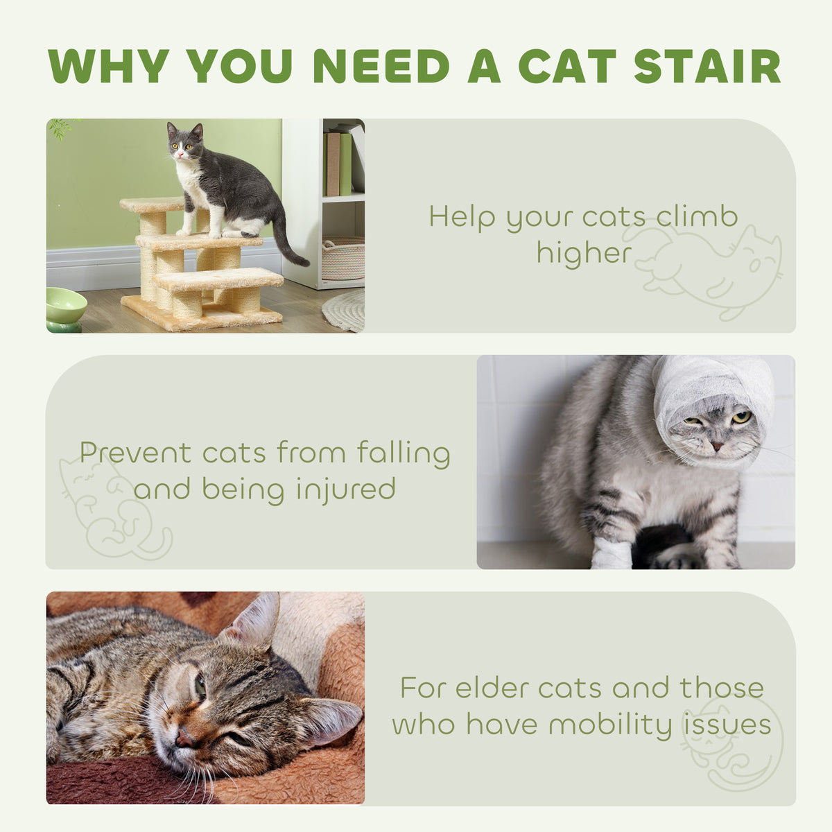 Three-step pet stairs shown with cats and panels describing benefits for climbing and mobility