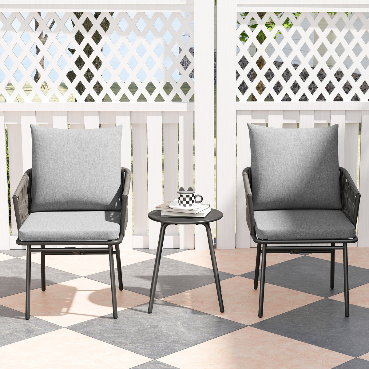 Outsunny 3-Piece Rattan Bistro Set, Garden Table and Chairs with 4 Cushions, Patio Rattan Conversation Furniture Set for Balcony, Porch, Terrace, Grey